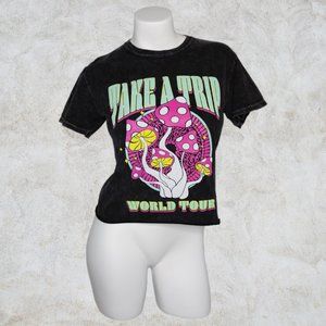Fifth Sun Take A Trip World Tour 1990 Black T-Shirt Neon Mushroom Design /Cities